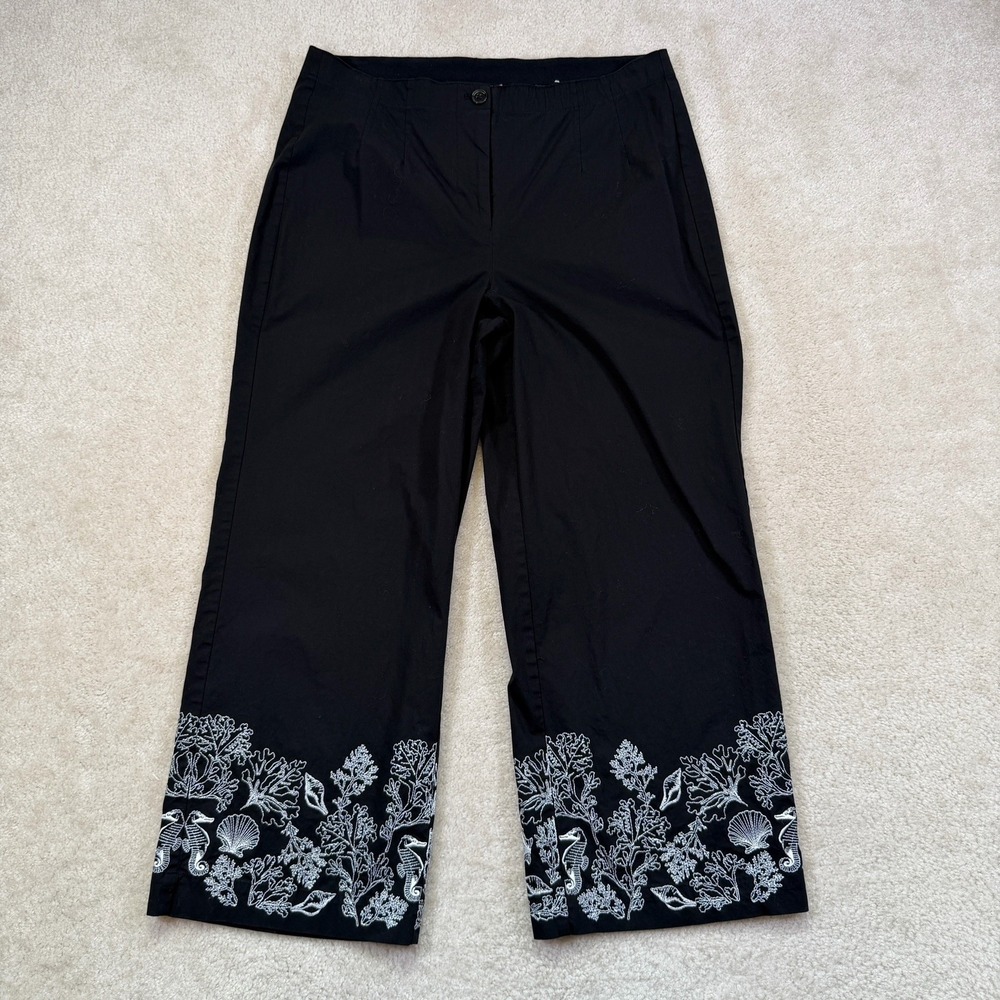 Chicos Embroidered Wide Leg Pants Womens 12 (2) Black White Border Embroidery